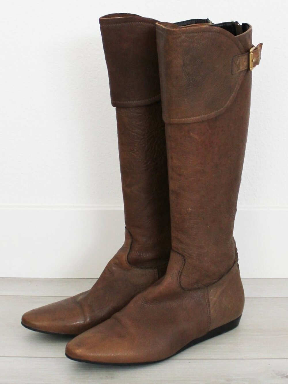 BCBG Max Azria Brown Distressed Patina Leather Western Riding Boots, 37.5 or 7.5